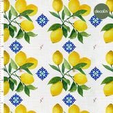Digital Printed Fabric with Watercolor Flower, Leaf, Lemon Tile Pattern